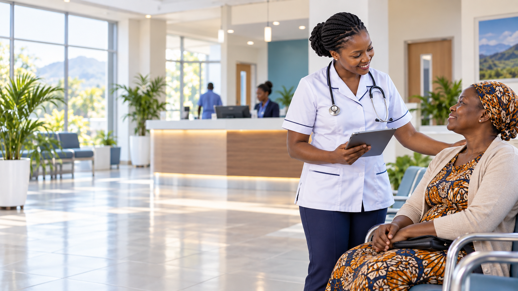 Clinician assisting a patient in a welcoming medical centre reception
